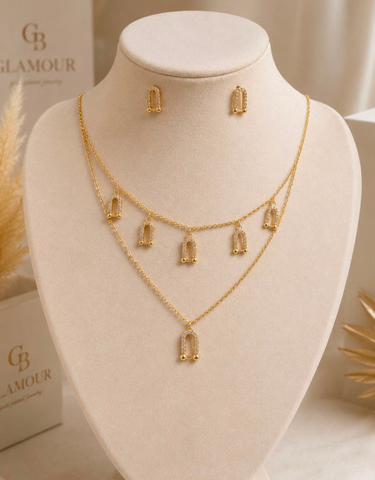 18K GOLD PLATED COPPER SET WITH ZirconS Horseshoe Shaped Earrings Necklace U-